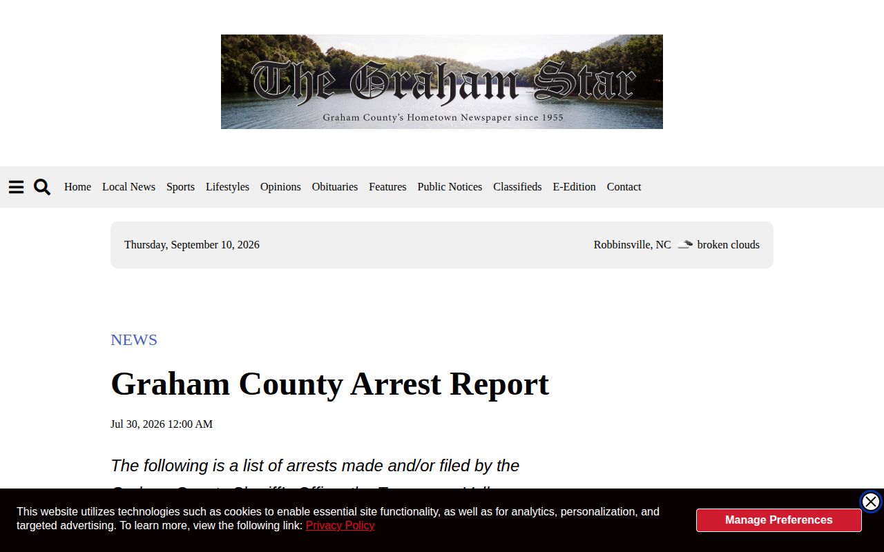 Graham Star weekly Graham County arrest report headline and source format