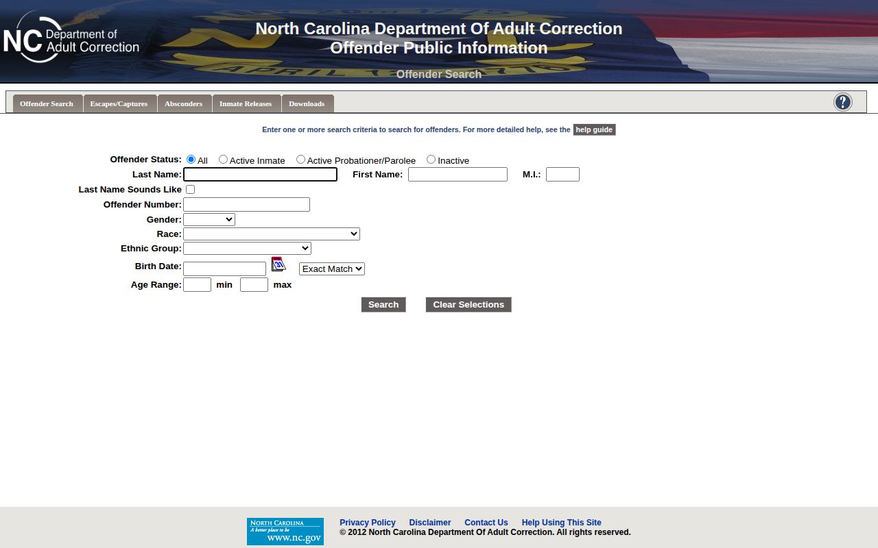Graham County arrest search fields in the North Carolina offender system